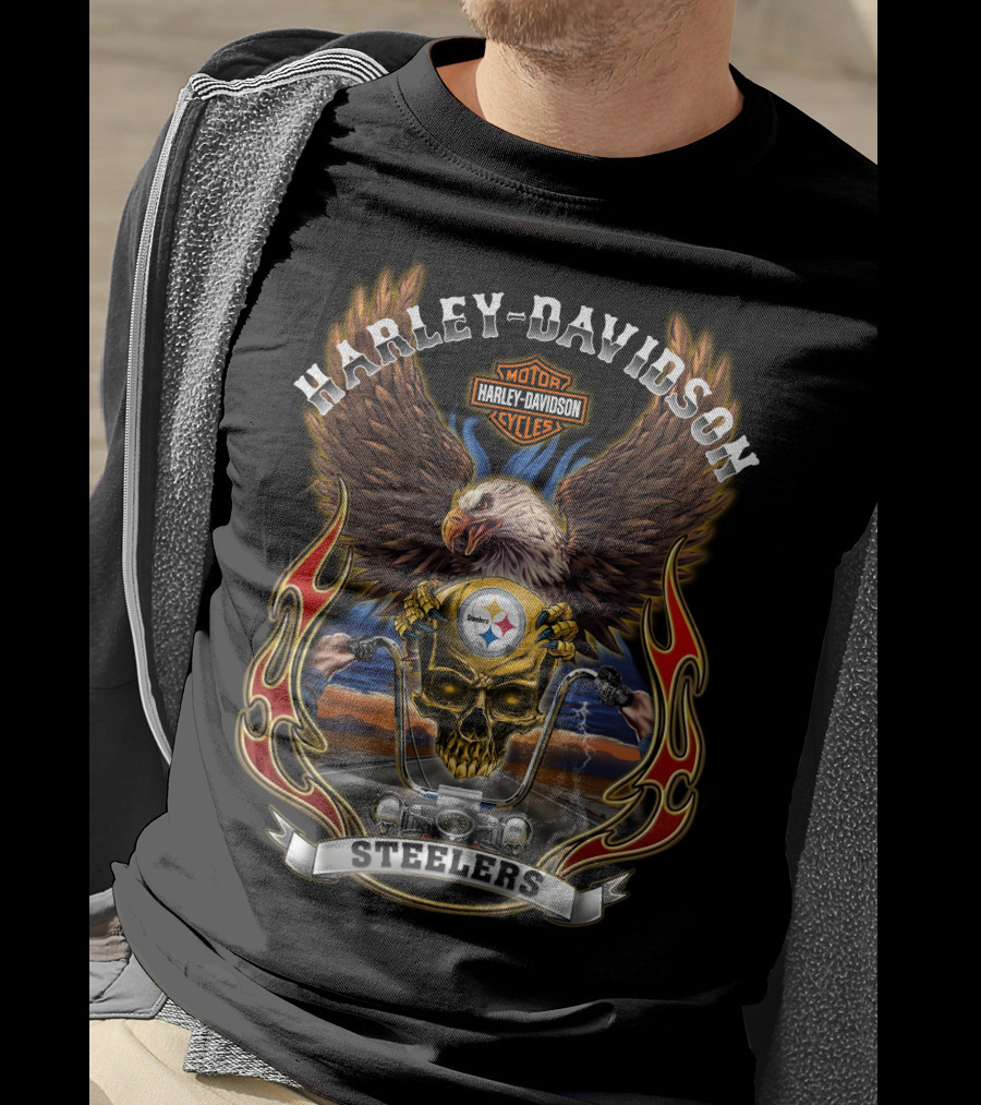 Harley Davidson Motorcycles Steelers Eagle Skull Road T-Shirt