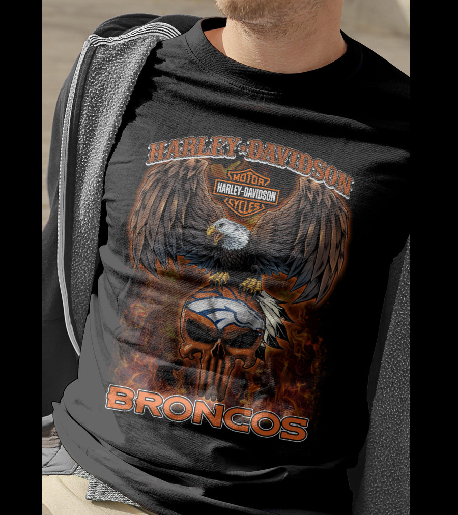 Harley Davidson Motor Cycles Eagle Broncos Nfl T-Shirt