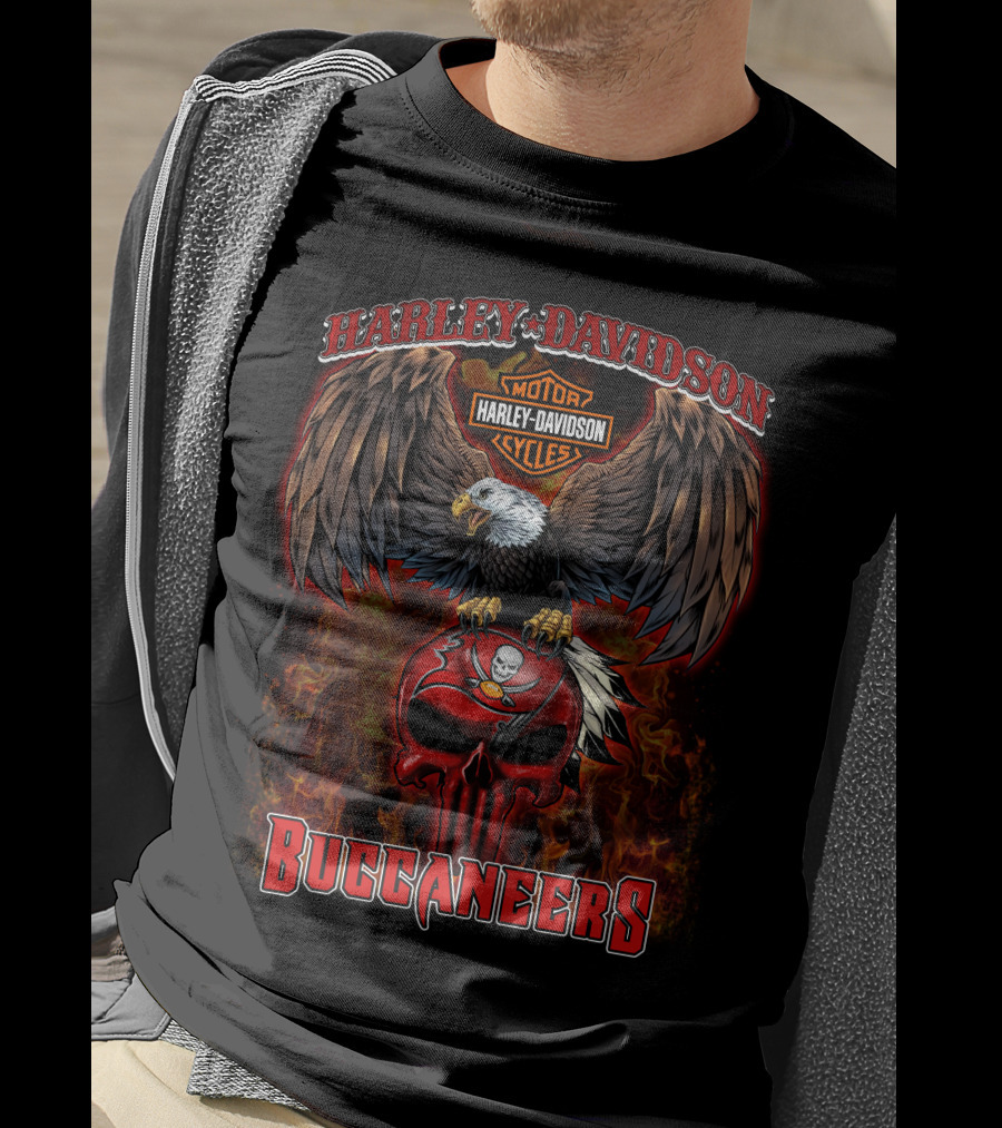 Harley Davidson Motor Cycles Eagle Skull Buccaneers Nfl T-Shirt