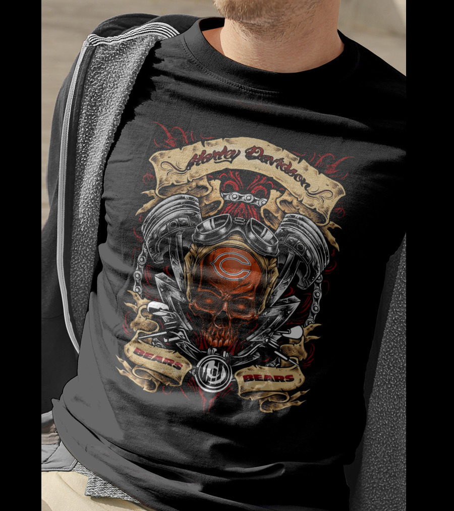 Harley Davidson Chicago Bears Nfl Skull And Pistons T-Shirt