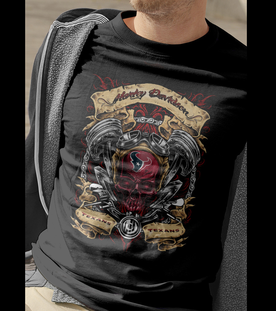 Houston Texans Harley Davidson Skull With Pistons And Helmets T-Shirt