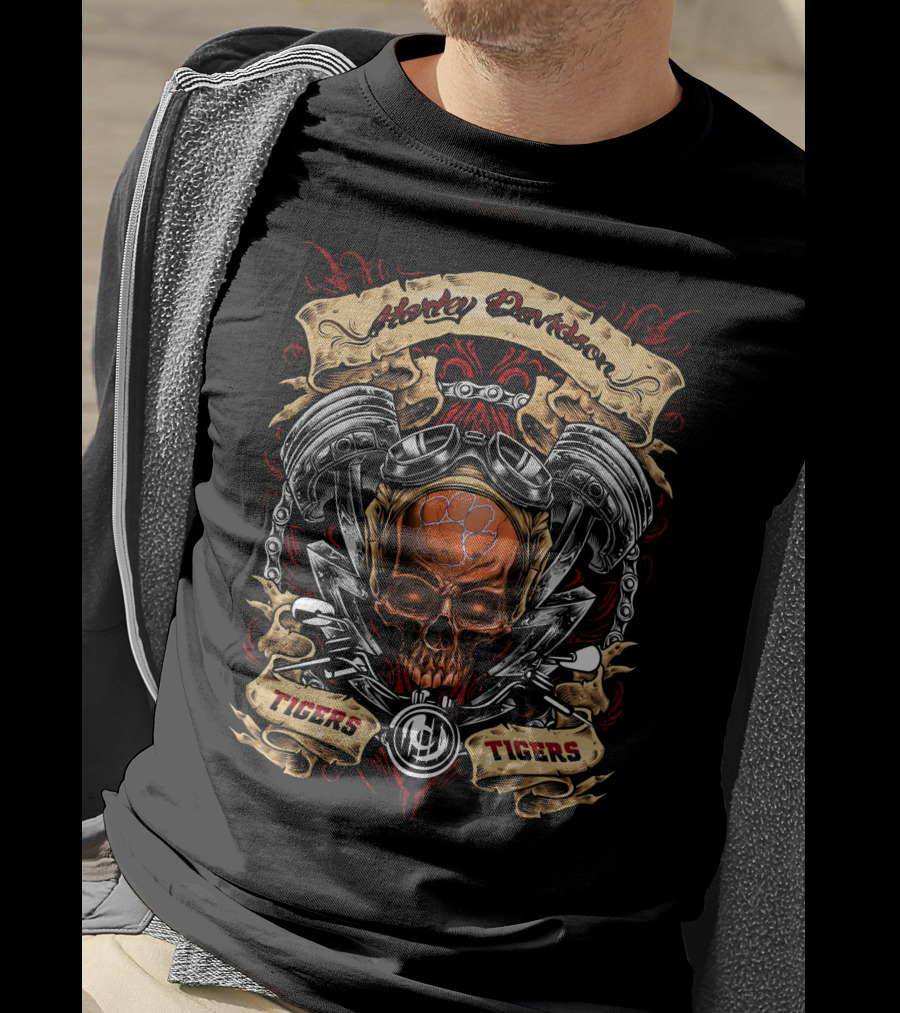 Harley Davidson Clemson Tigers Skull Engine Motif T-Shirt