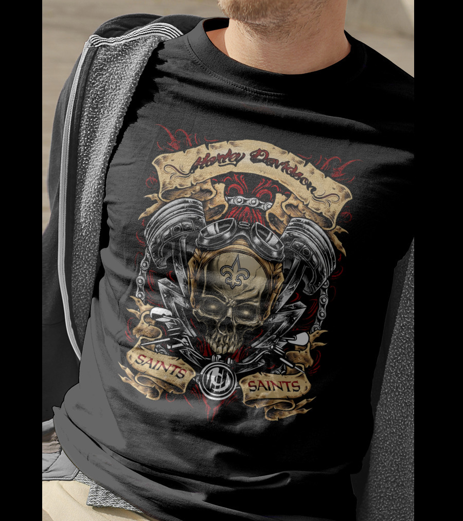 Harley Davidson New Orleans Saints Skull Pistons And Fleur-De-Lis T-Shirt