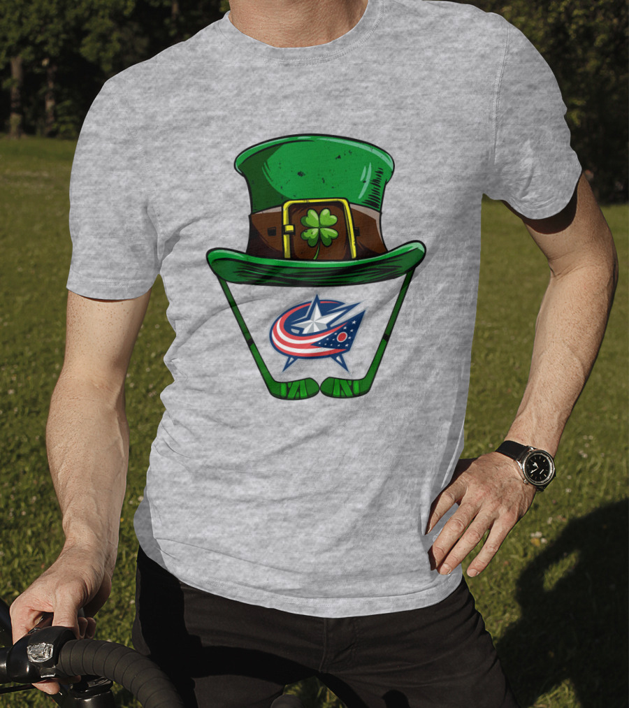 Columbus Blue Jackets St. Patrick's Day Shamrock Hat Hockey Sticks T-Shirt