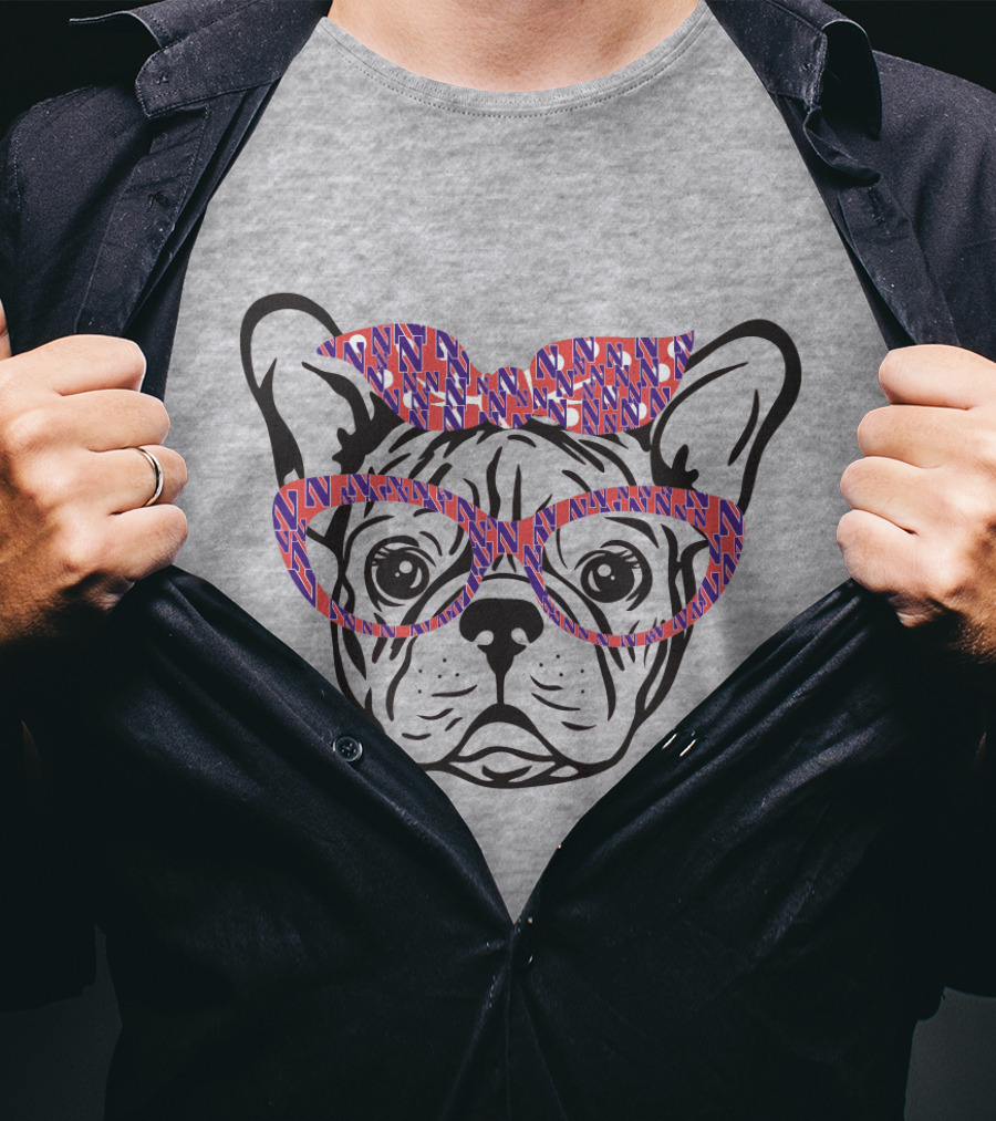 Bulldog With Northwestern Wildcats Pattern Glasses And Bow T-Shirt