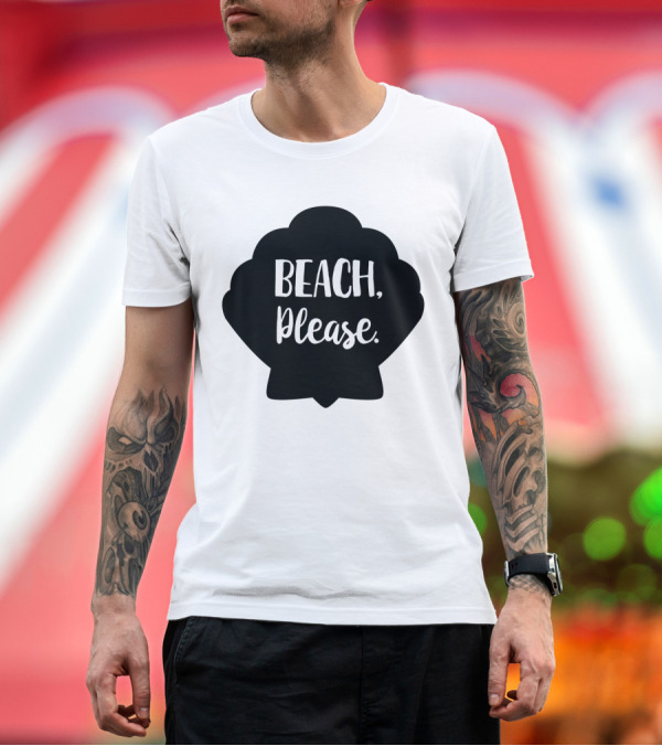 Premium T-Shirt: Beach Please Shell Silhouette Playful Typography T-Shirt Beach Please Shell Silhouette Playful Typography T-Shirt