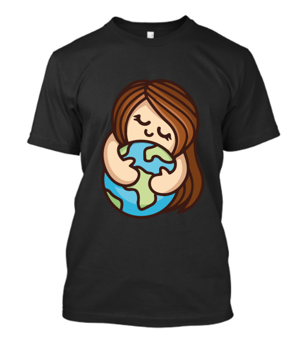 Keep Calm And Hug Earth Cute Cartoon Girl Embracing Globe T-Shirt