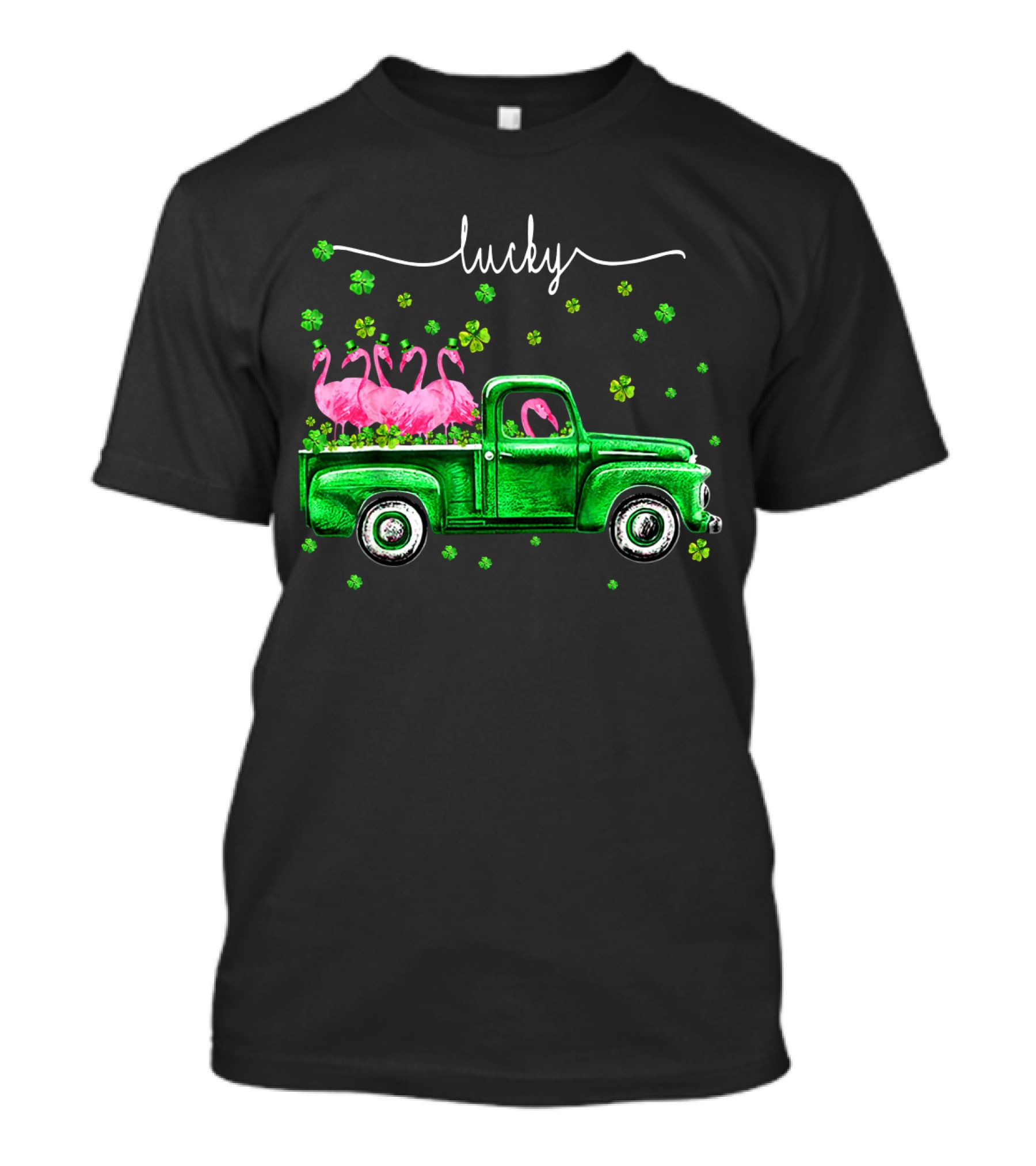 Lucky Flamingo Green Truck With Shamrocks T-Shirt