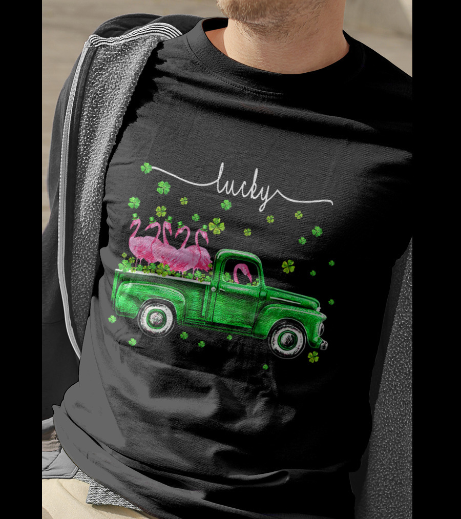 Lucky Flamingo Green Truck With Shamrocks T-Shirt