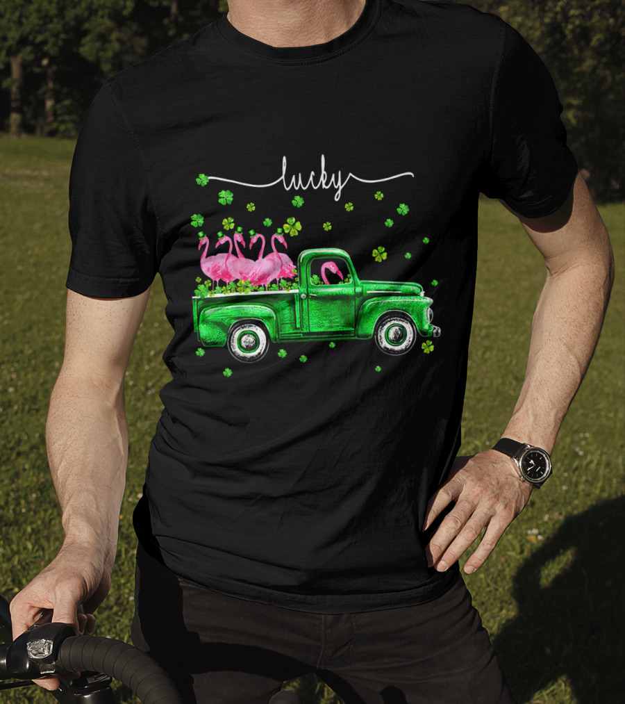 Lucky Flamingo Green Truck With Shamrocks T-Shirt