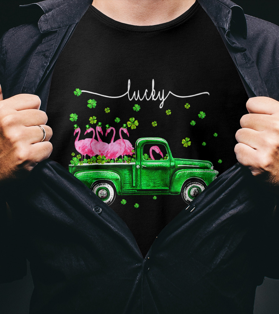 Lucky Flamingo Green Truck With Shamrocks T-Shirt