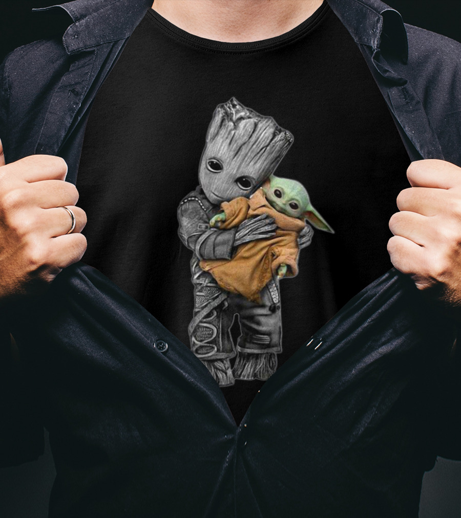 Baby Yoda And Groot Hugging Crossover Characters T-Shirt
