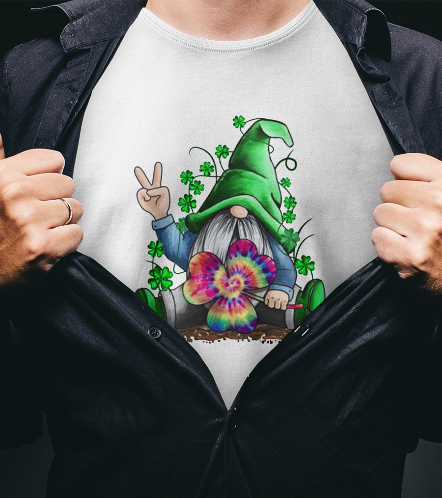 Shamrock Hippie Gnome Peace Sign Tie-Dye Clover Saint Patrick's Day T-Shirt