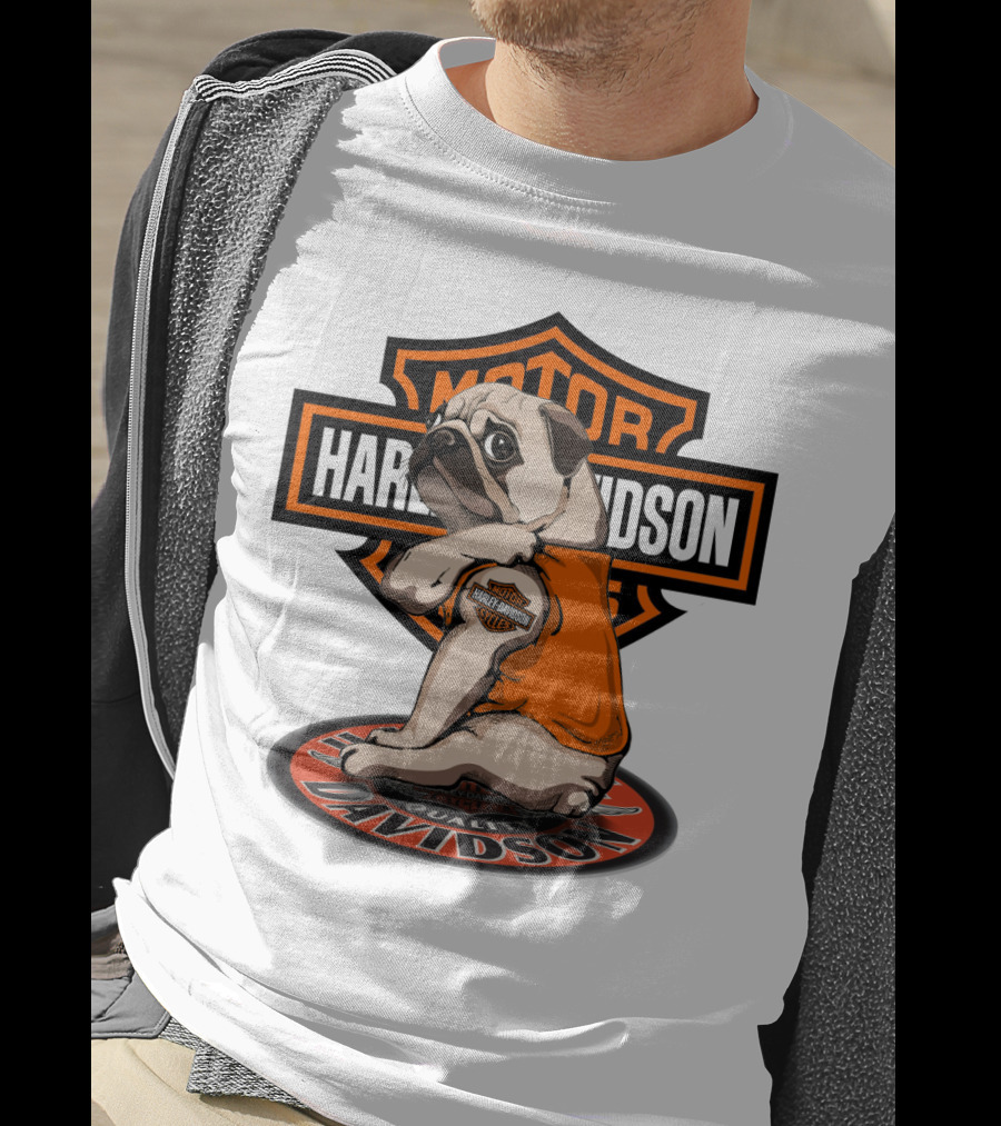 Harley Davidson Motor Pug With Orange Vest And Logo On Patch T-Shirt