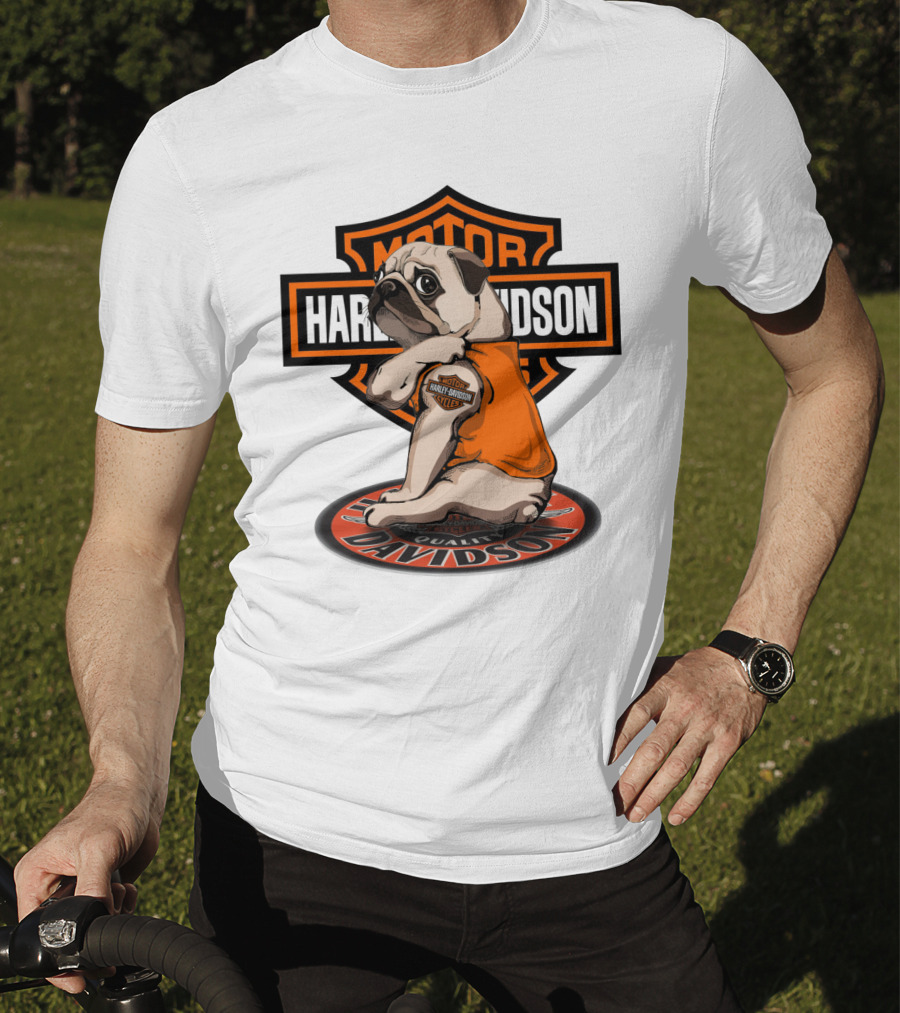 Harley Davidson Motor Pug With Orange Vest And Logo On Patch T-Shirt