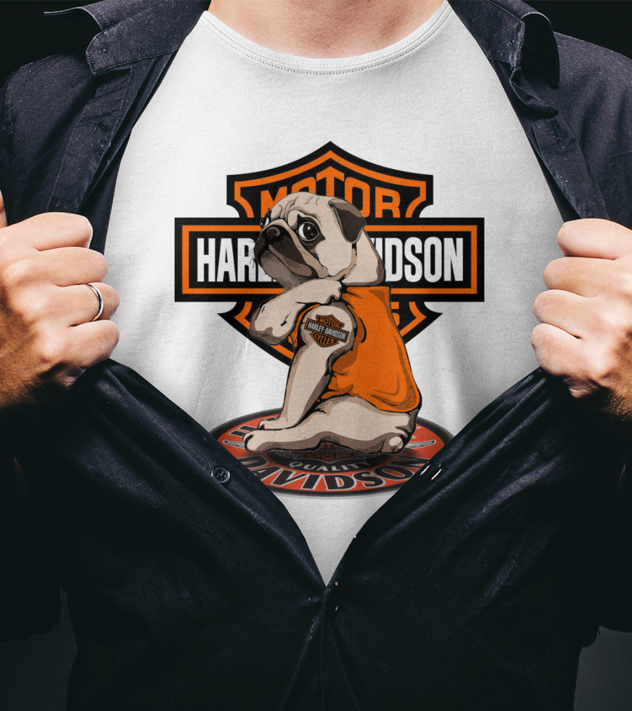 Harley Davidson Motor Pug With Orange Vest And Logo On Patch T-Shirt