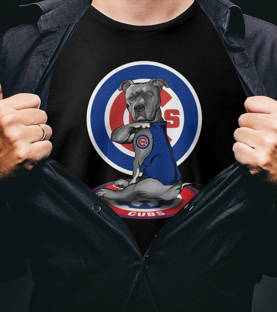 Cubs Pitbull Wearing Blue Jersey With Logo And Circular Emblem T-Shirt