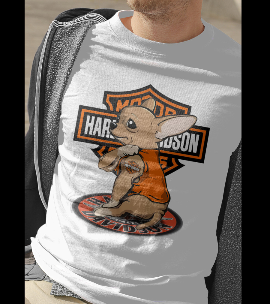 Harley Davidson Chihuahua With Orange Jacket And Motor T-Shirt