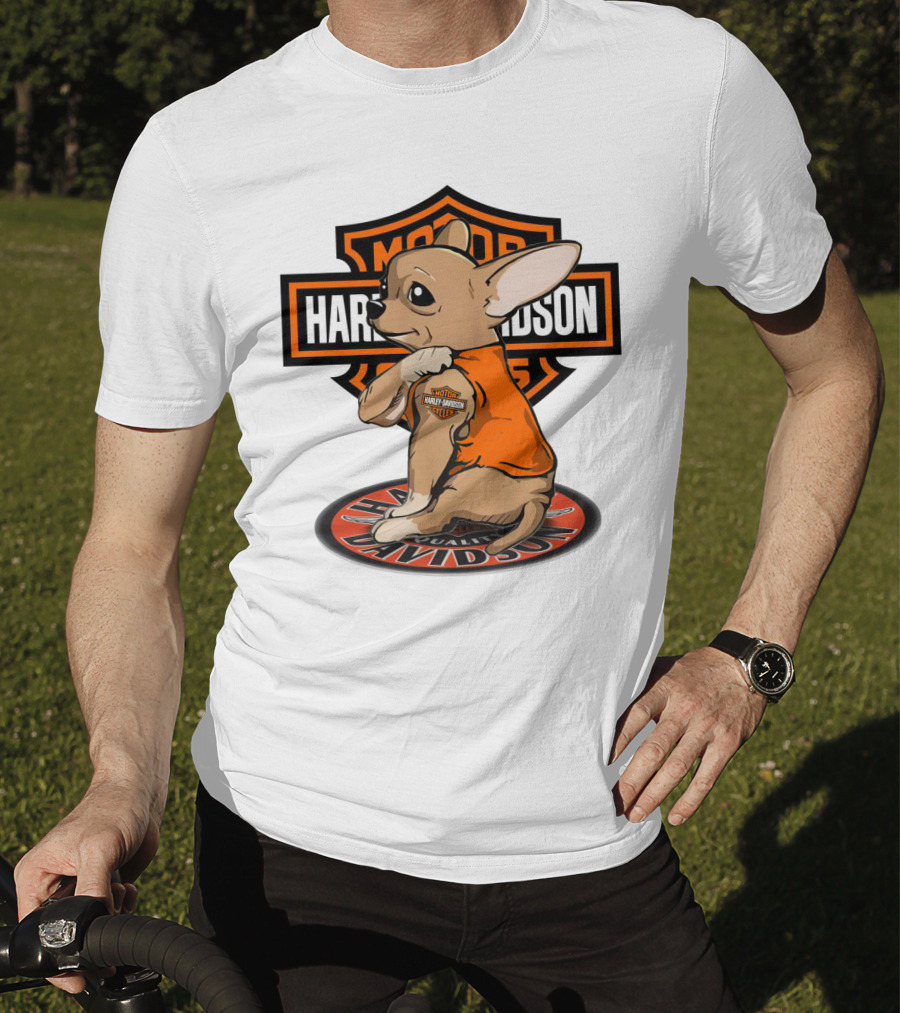 Harley Davidson Chihuahua With Orange Jacket And Motor T-Shirt