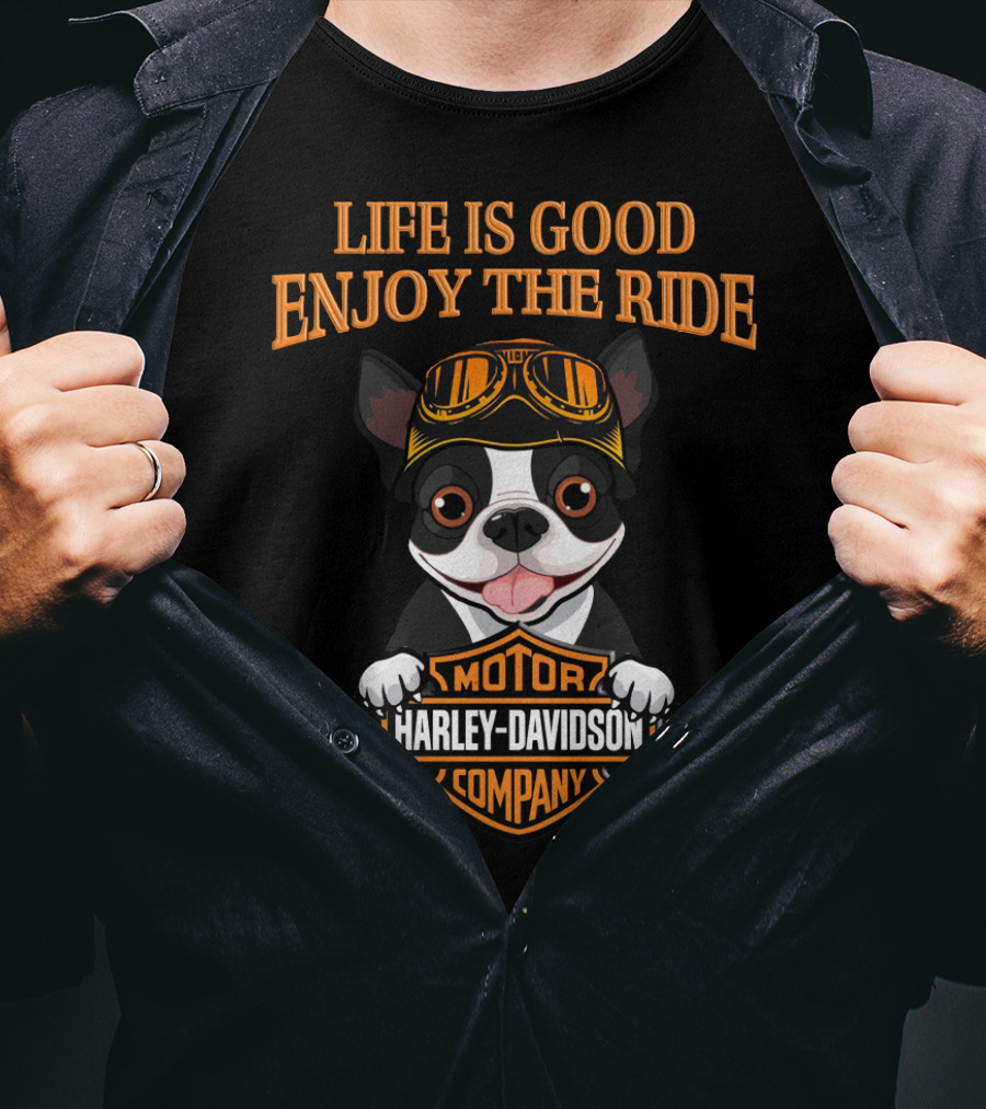 Life Is Good Enjoy The Ride Harley Davidson Boston Terrier T-Shirt