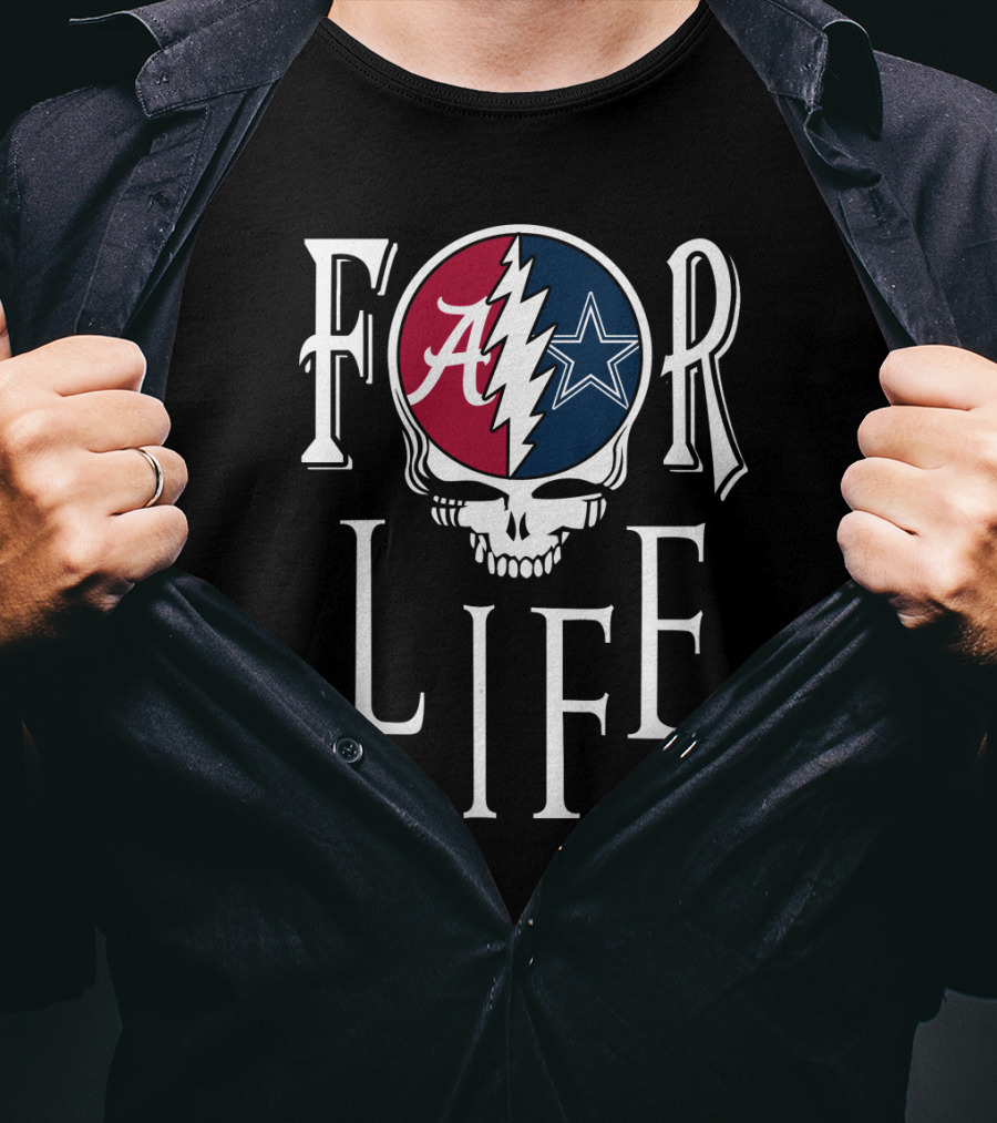 For Life Alabama Crimson Tide And Dallas Cowboys Fan Skull T-Shirt