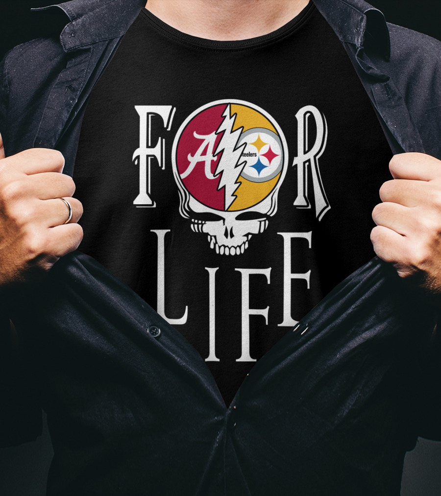 For Life Alabama Crimson Tide Steelers Grateful Dead Skull T-Shirt
