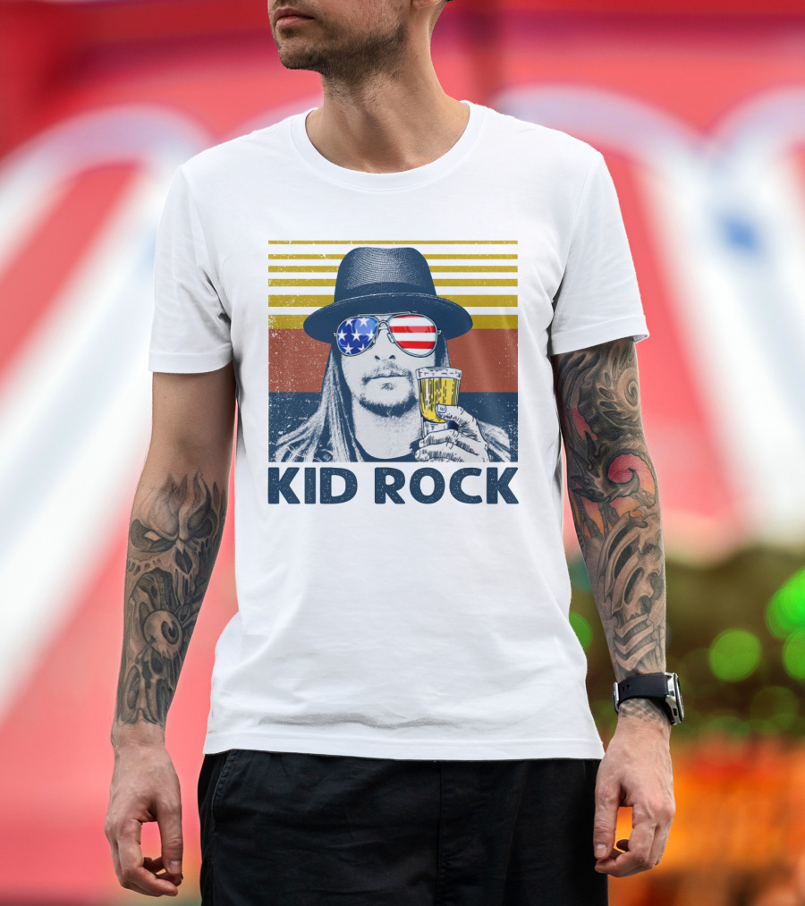 Kid Rock American Flag Sunglasses And Beer T-Shirt