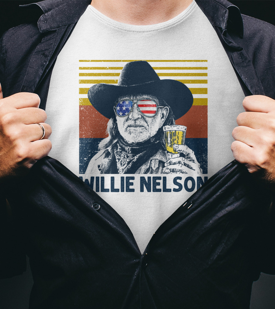 Willie Nelson USA Flag Sunglasses Beer Stripes T-Shirt