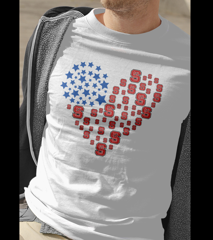 Nc State Heart Flag Blue Stars Red Logos T-Shirt