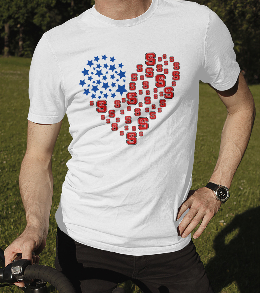 Nc State Heart Flag Blue Stars Red Logos T-Shirt