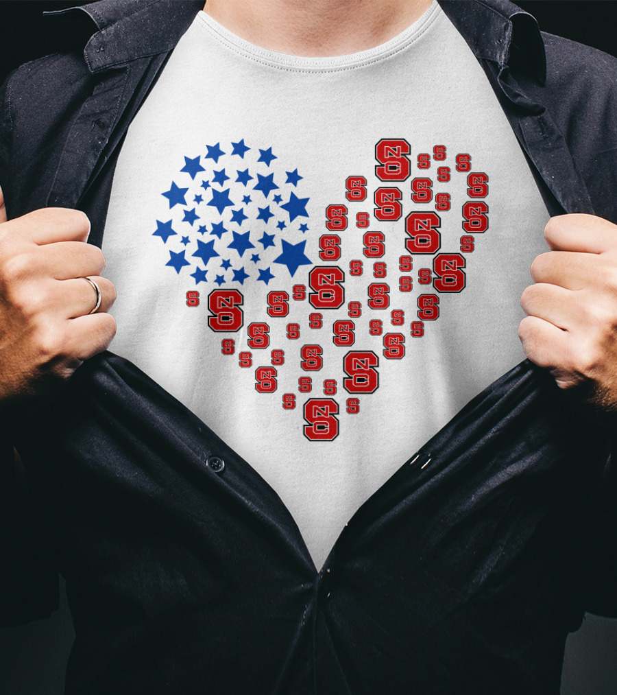 Nc State Heart Flag Blue Stars Red Logos T-Shirt