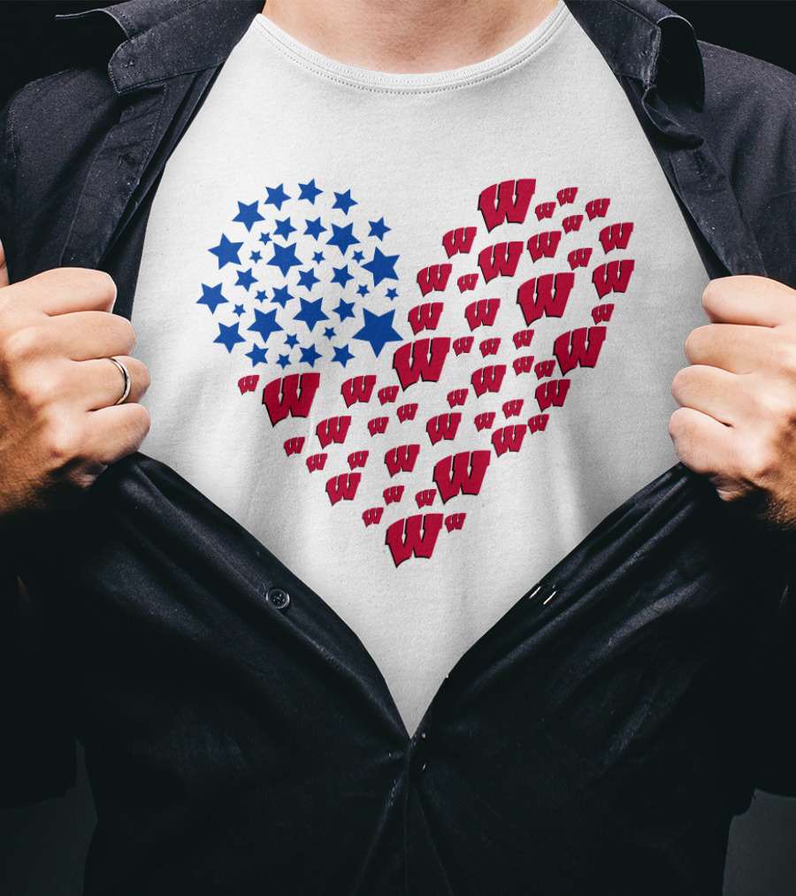 Wisconsin Badgers Heart Blue Stars Red W T-Shirt