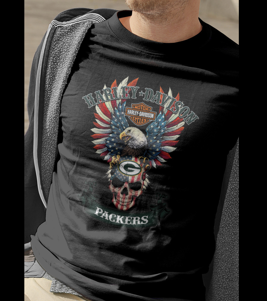 Harley Davidson Motor Cycles Packers Eagle Skull American Flag T-Shirt