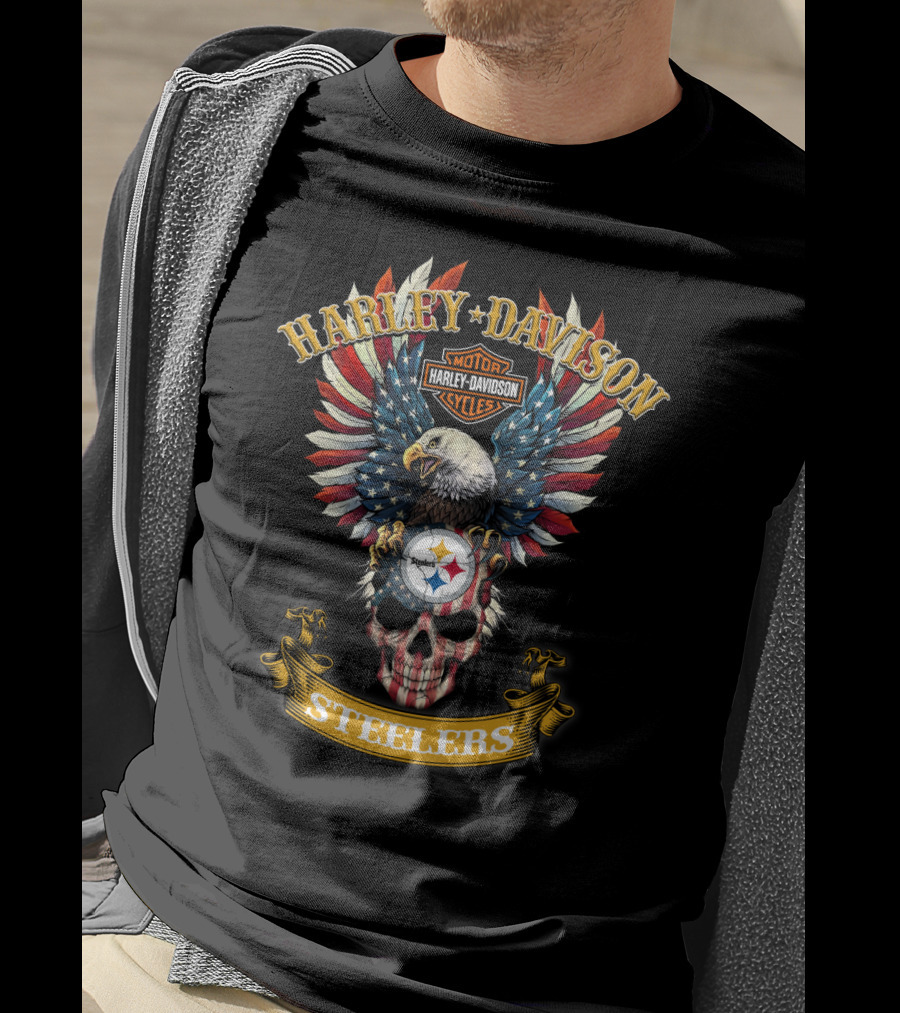 Harley Davidson Pittsburgh Steelers Motorcycle Cycles American Eagle Skull T-Shirt