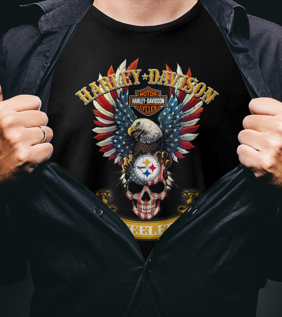 Harley Davidson Pittsburgh Steelers Motorcycle Cycles American Eagle Skull T-Shirt