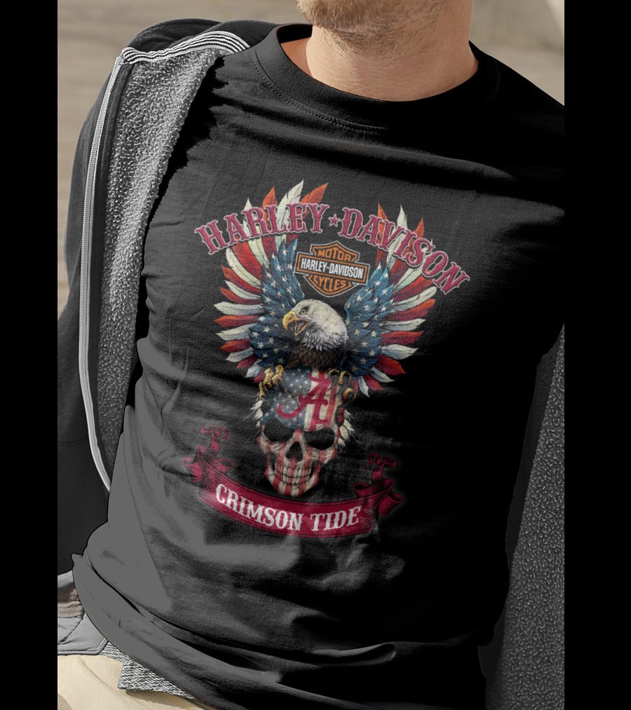 Harley Davidson Crimson Tide Alabama Skull Eagle Usa Flag T-Shirt