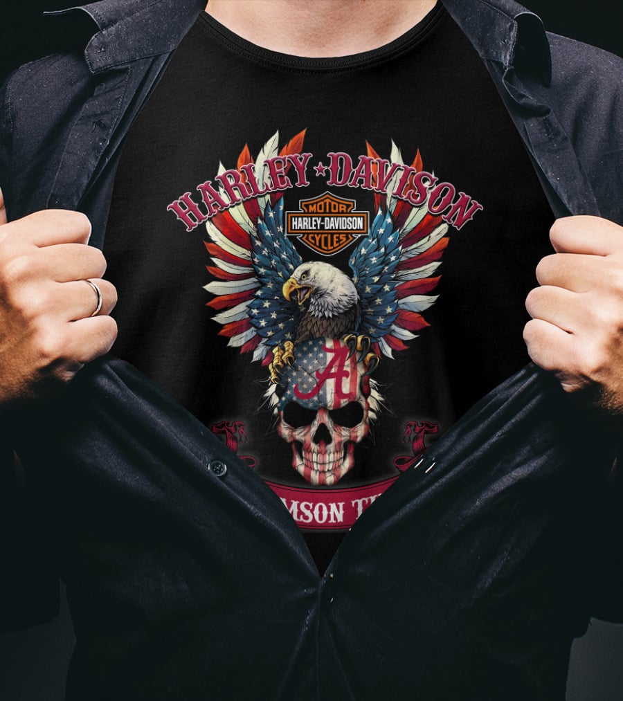 Harley Davidson Crimson Tide Alabama Skull Eagle Usa Flag T-Shirt