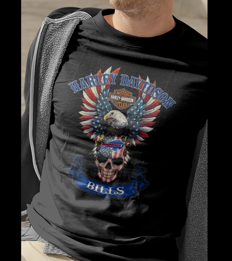 Harley Davidson Motor Cycles Bills Eagle Skull Nfl T-Shirt