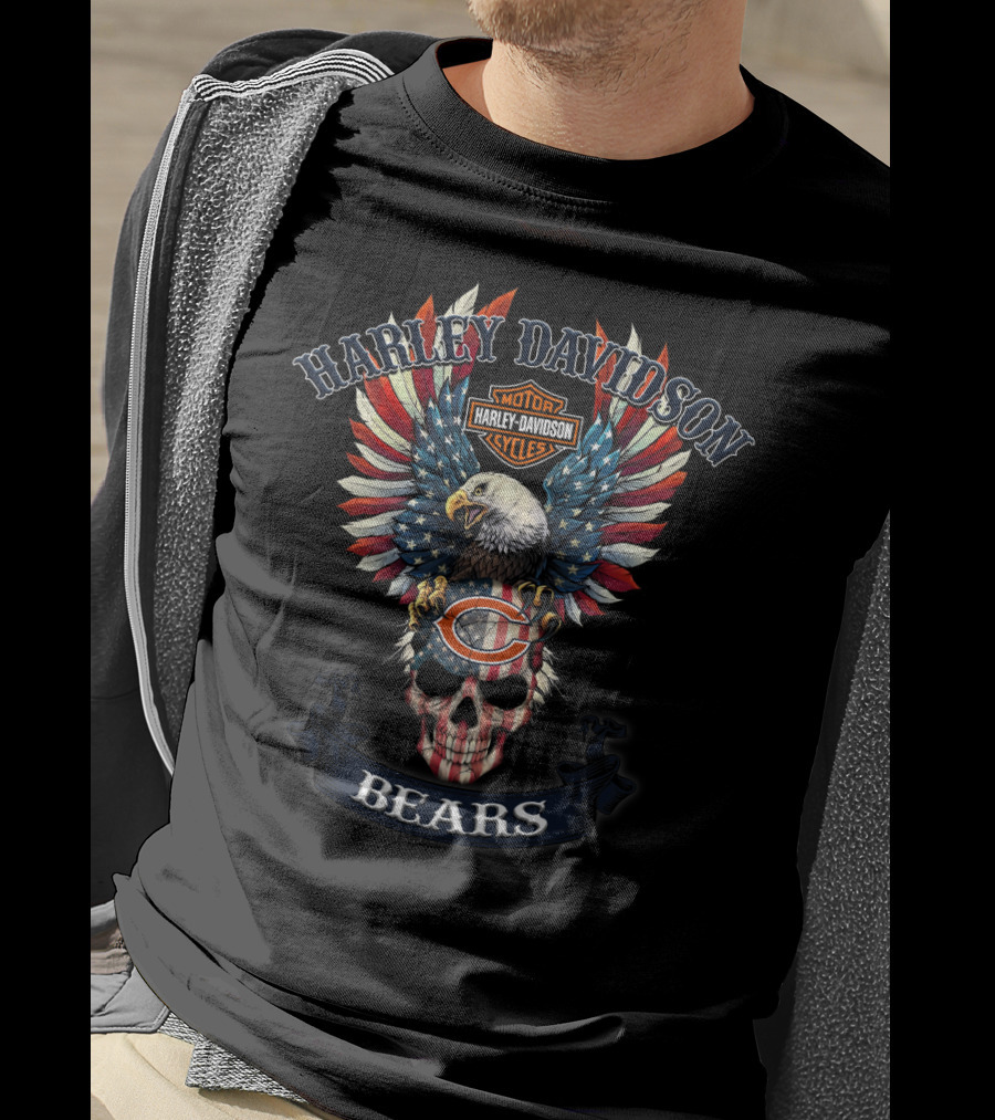 Harley Davidson Motor Cycles Chicago Bears Eagle Skull T-Shirt