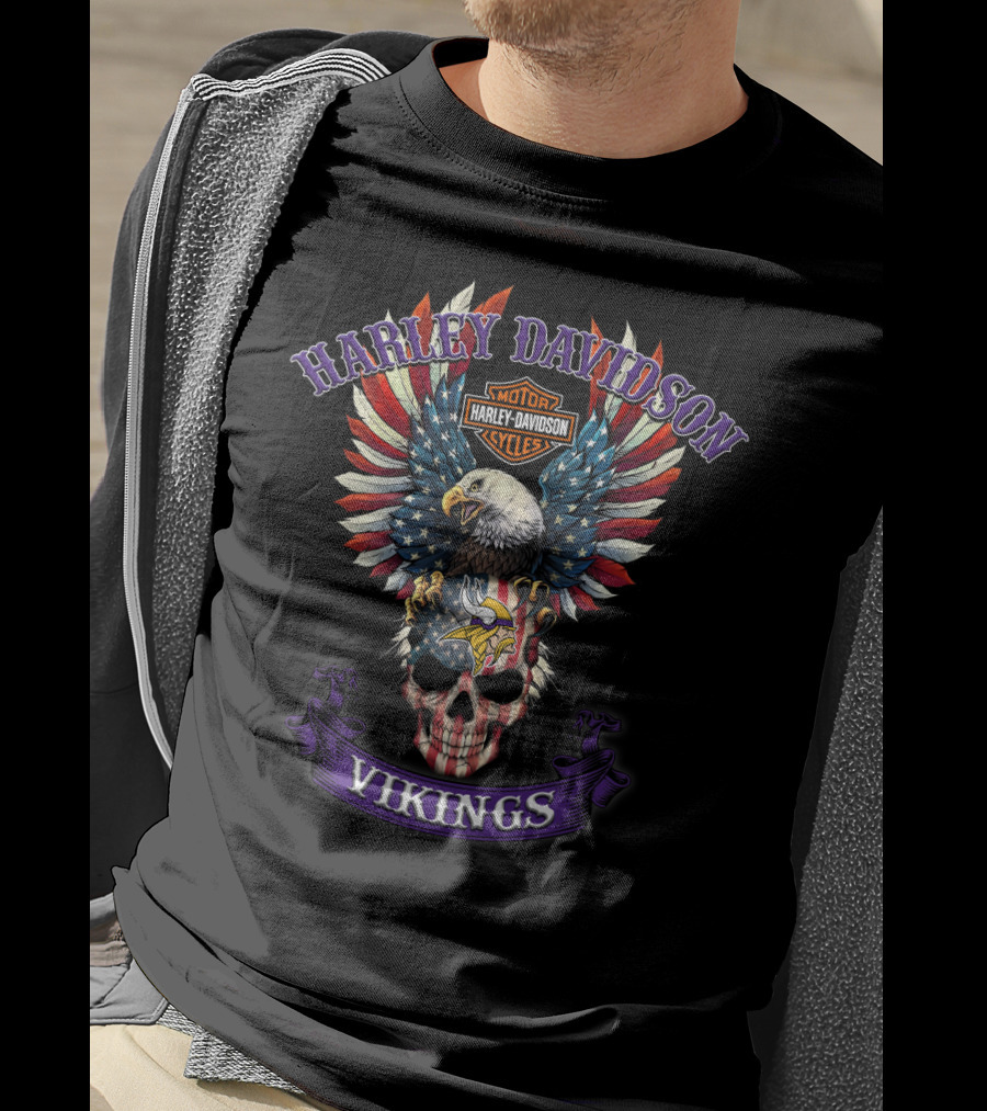 Harley Davidson Motor Cycles Vikings Nfl Bald Eagle Skull American Flag Feathers T-Shirt