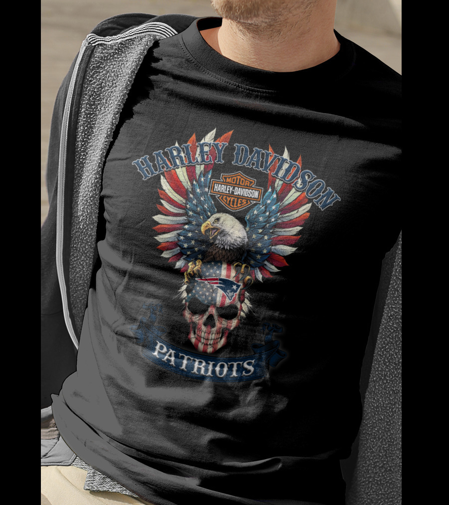Harley Davidson Motor Cycles Patriots Eagle Skull T-Shirt