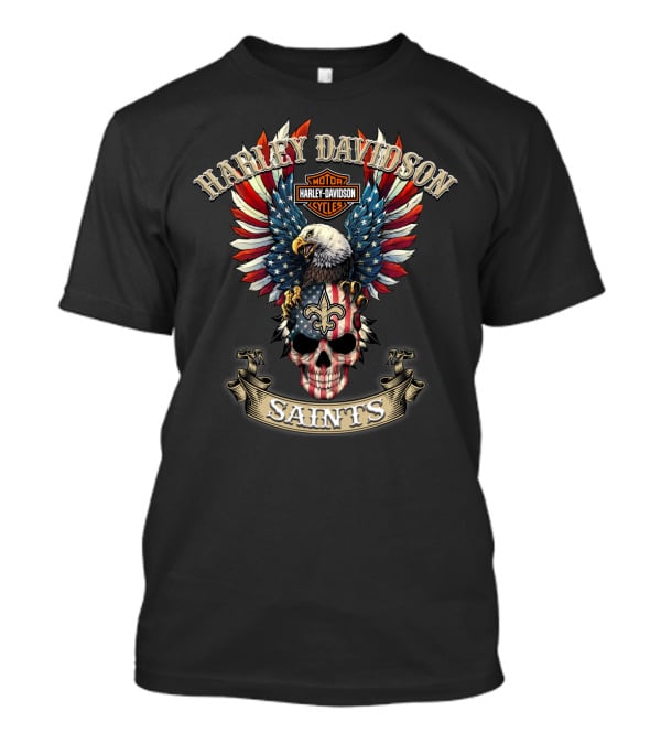 Harley Davidson Motor Cycles Eagle Skull American Flag Saints T-Shirt