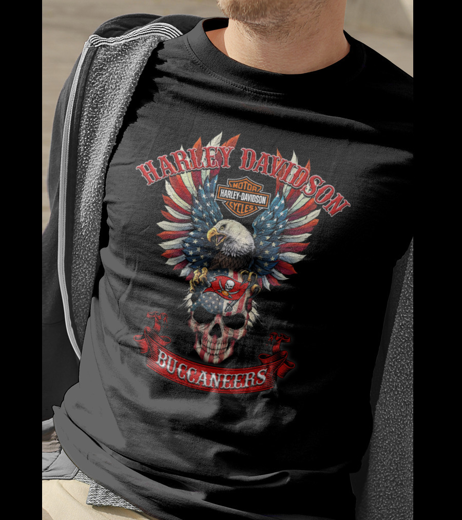 Harley Davidson Motor Cycles Buccaneers Bald Eagle American Flag Skull T-Shirt