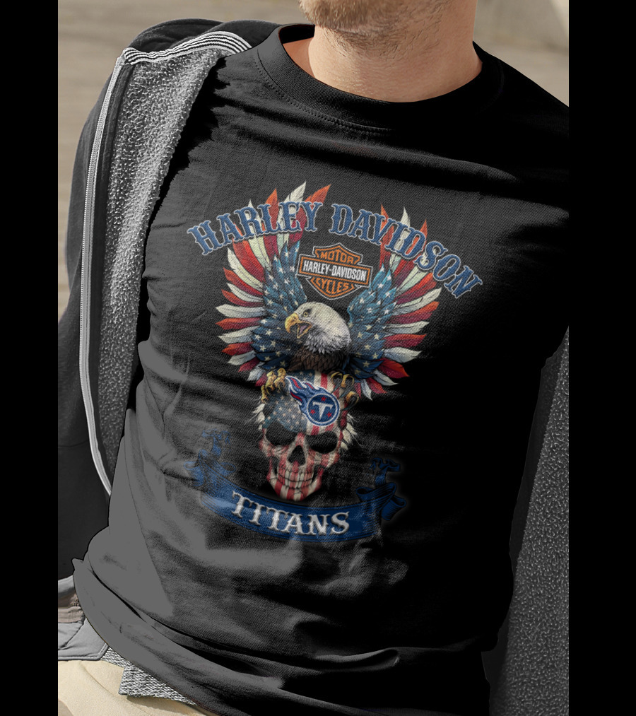 Harley Davidson Motor Cycles Titans Nfl Skull Eagle Usa Flag T-Shirt