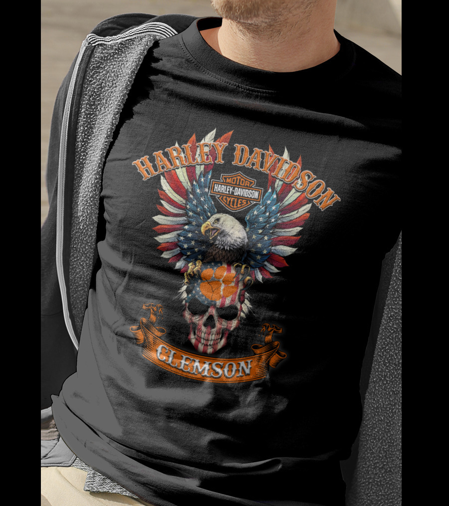 Harley Davidson Motor Cycles Eagle Skull American Flag Clemson T-Shirt