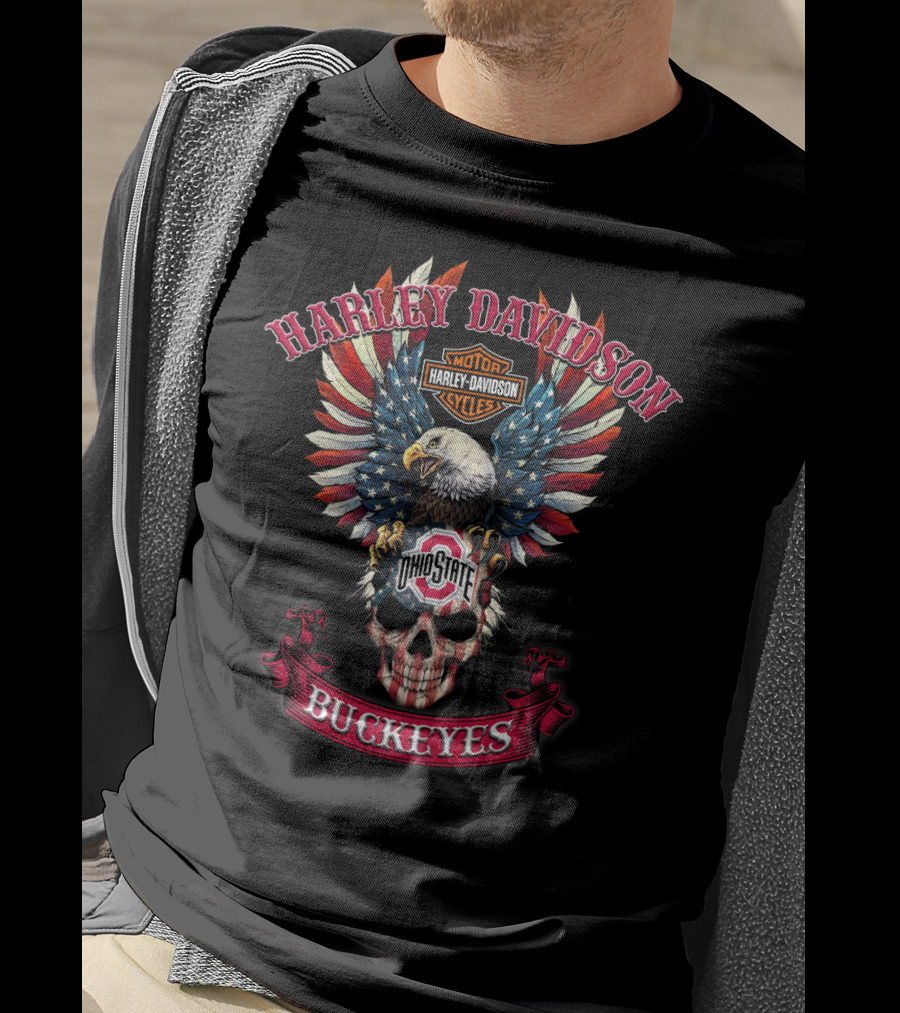 Harley Davidson Motor Cycles Ohio State Buckeyes Eagles Skull T-Shirt