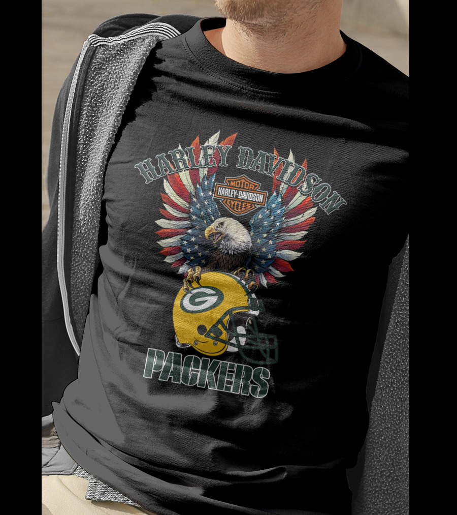 Harley Davidson Motor Cycles Packers Eagle Helmet Flag T-Shirt