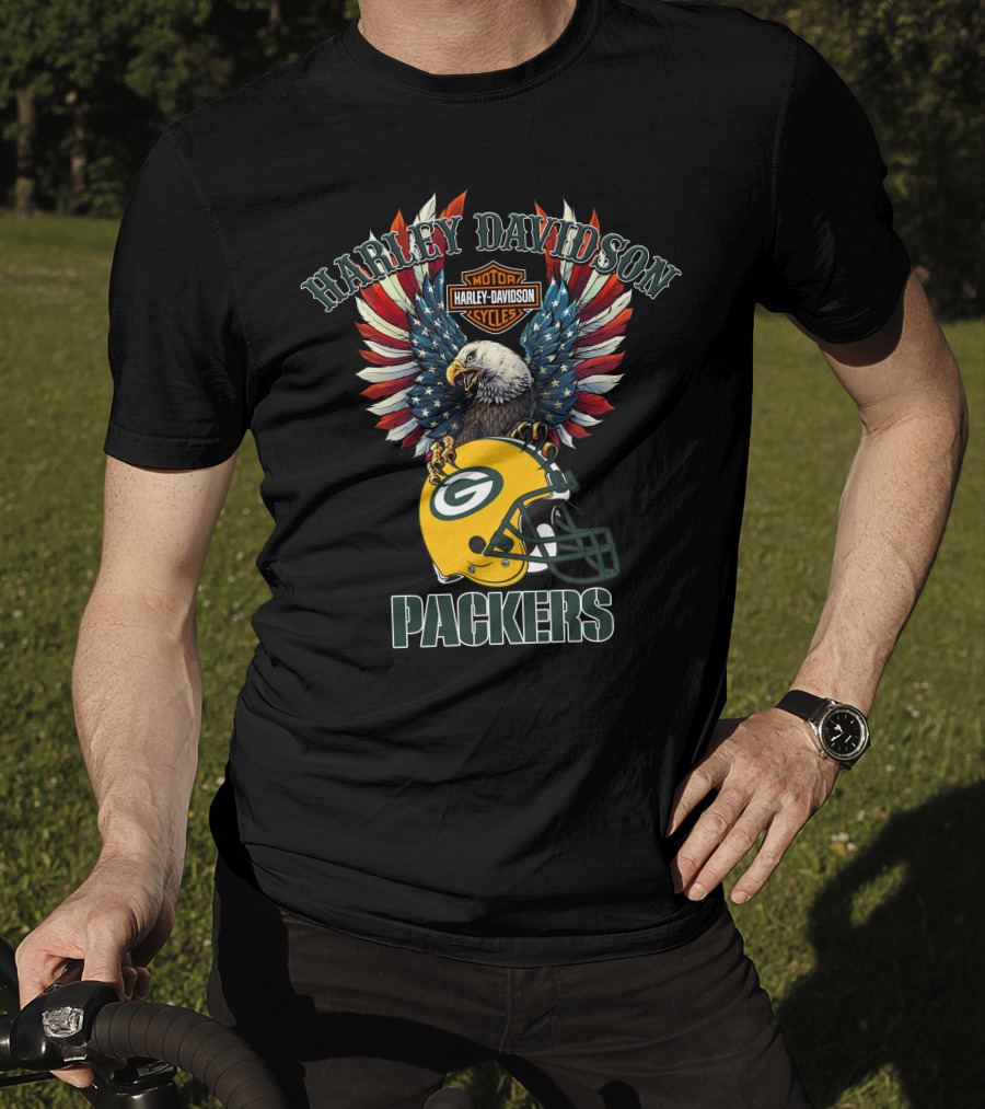 Harley Davidson Motor Cycles Packers Eagle Helmet Flag T-Shirt