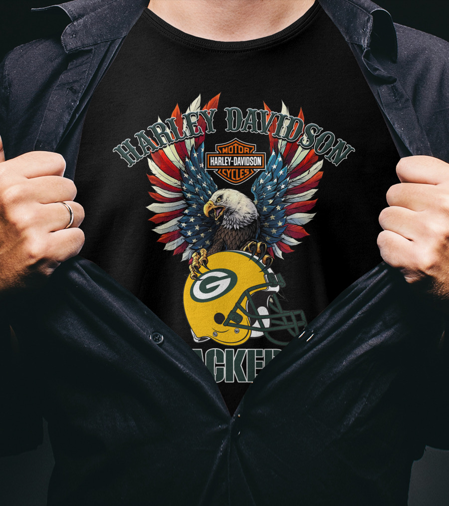 Harley Davidson Motor Cycles Packers Eagle Helmet Flag T-Shirt