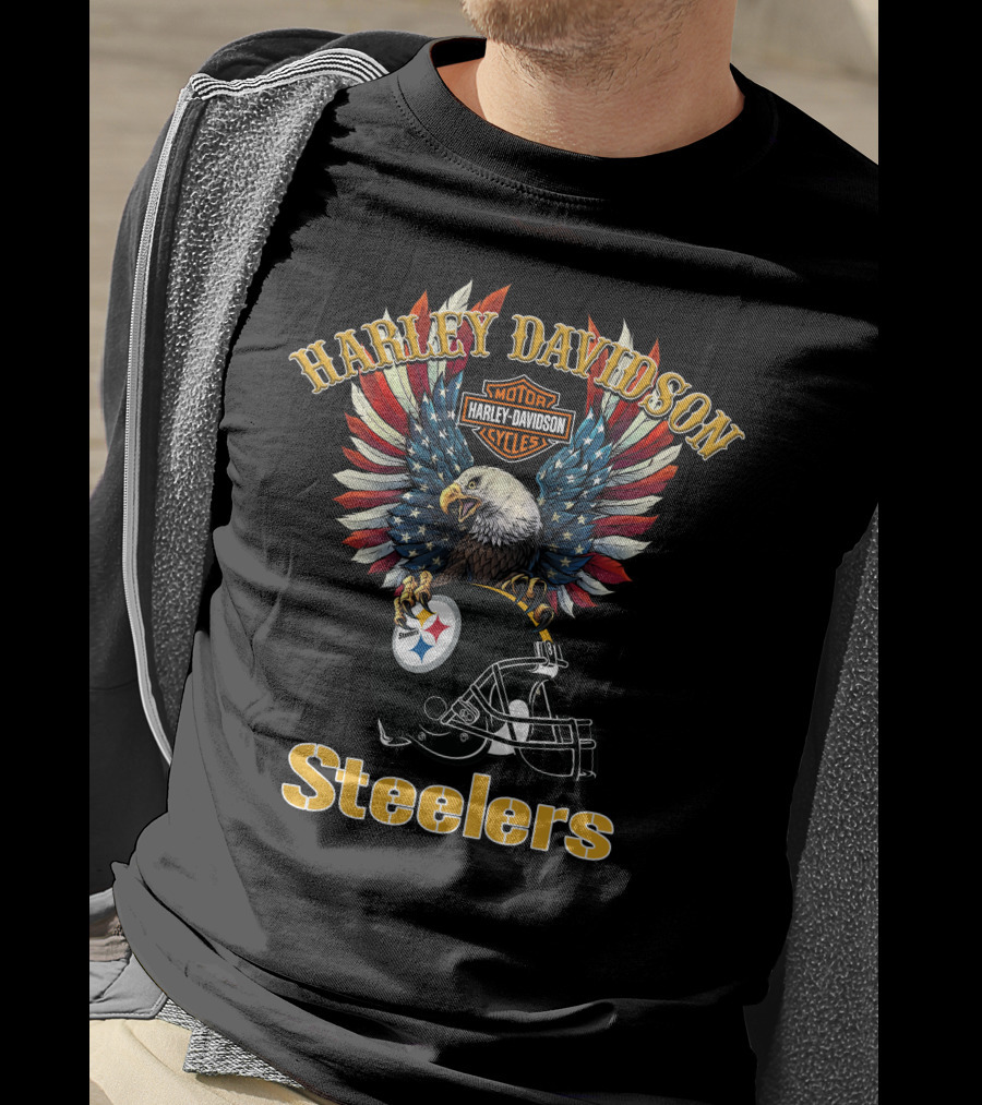 Harley Davidson Motor Cycles Steelers Eagle American Flag T-Shirt